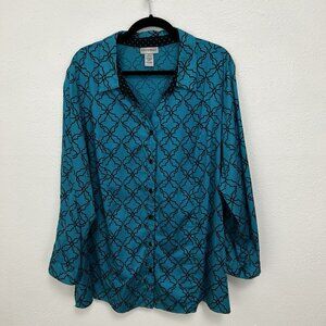 Catherines Teal Geometric Button Down Shirt Roll Tab Sleeves 2X Mature‎ Career